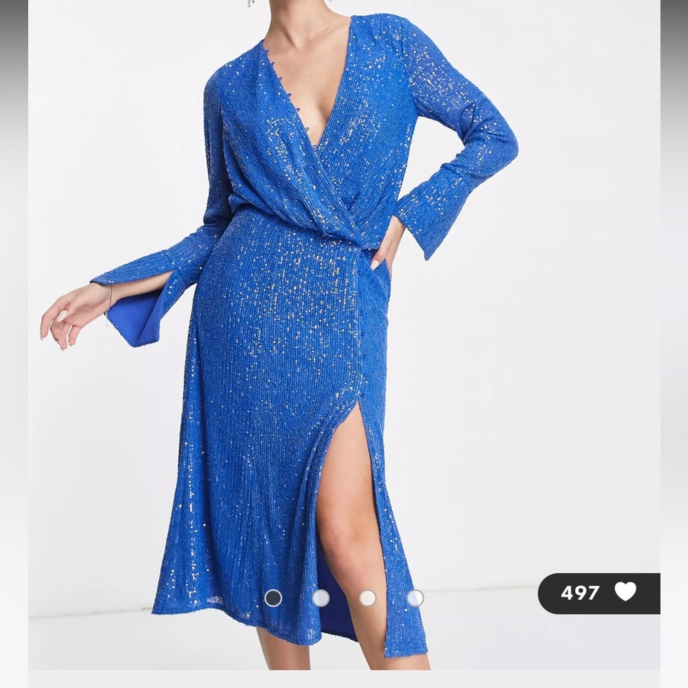 ASOS DESIGN embellished drape detail midi dress with button detail in blue